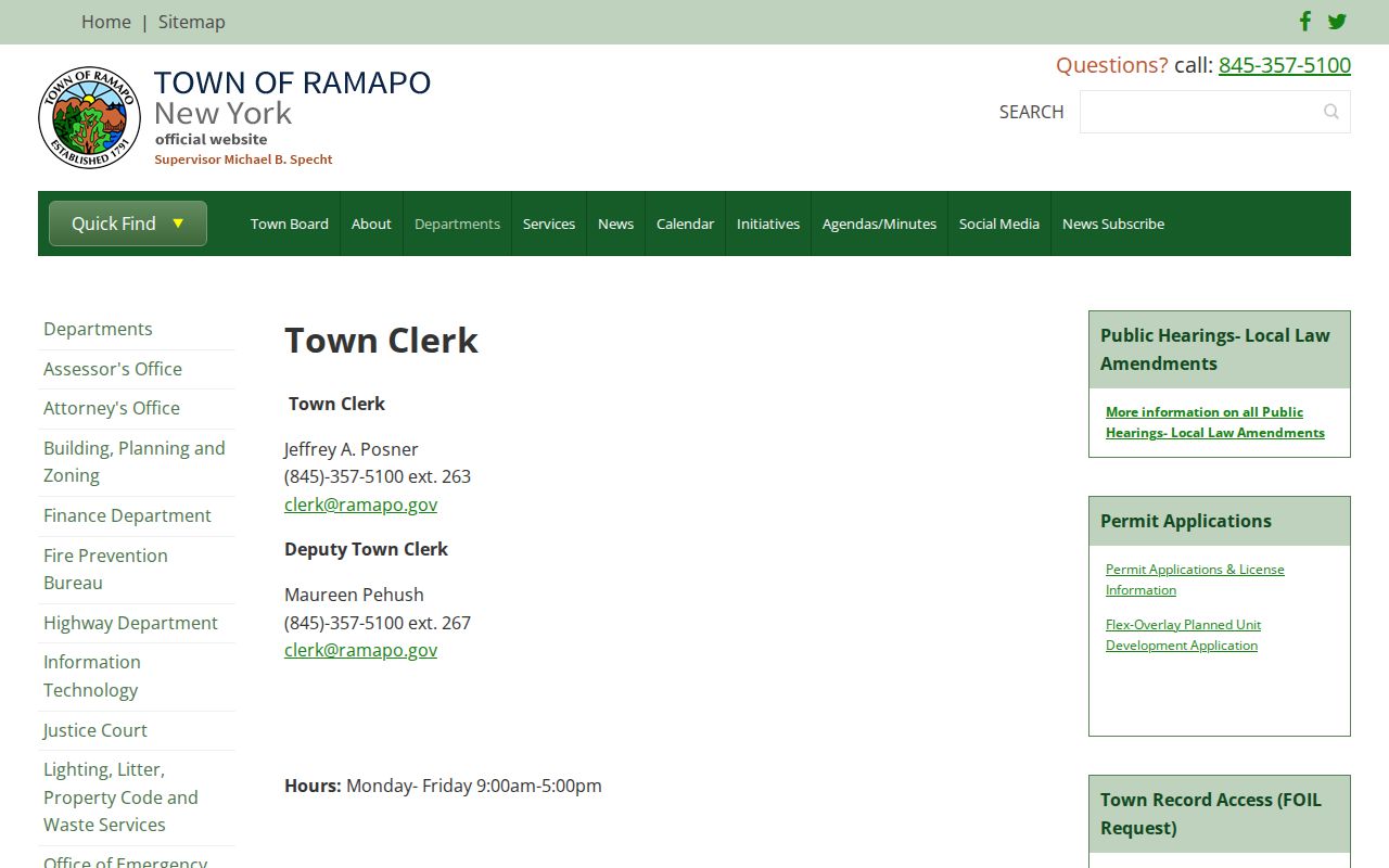 Ramapo residents directory Town Clerk public records page